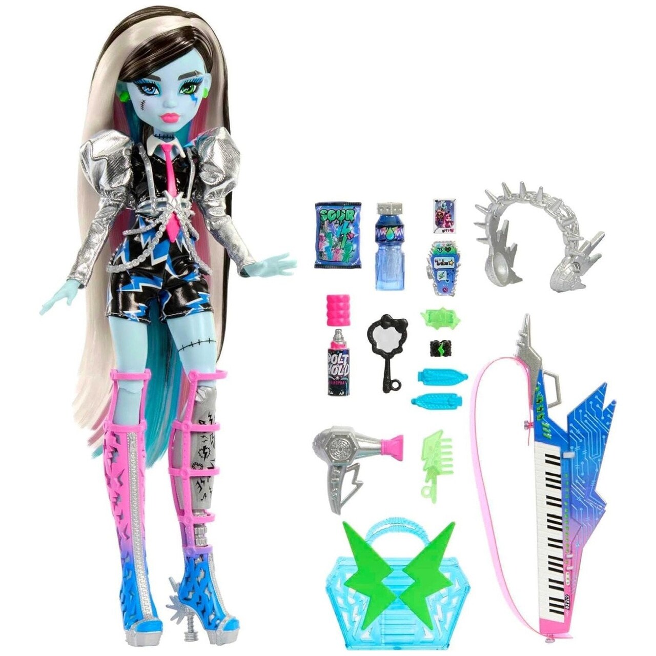 Monster High Doll, Amped Up Frankie Stein Rockstar with Instrument & Performance-Themed Accessories Like Headphones